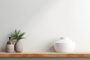 Clean scene for mock up product with copy white space on the wooden shelf. 