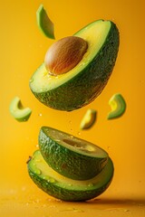 This image captures avocado halves in motion with a dramatic splash, against a saturated orange background