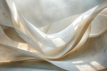 Warm light bathes the smooth curves of minimalist wooden architecture, creating an ethereal abstract space. AI Generated.