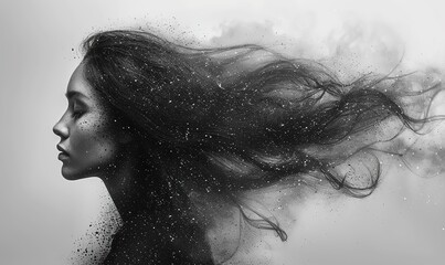 Black and white portrait of a beautiful woman with long hair in the wind