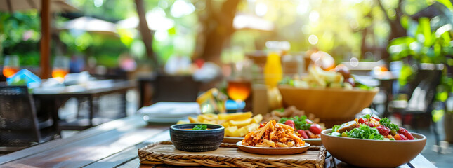 Fototapeta premium Table with food and drinks outdoors at sunset