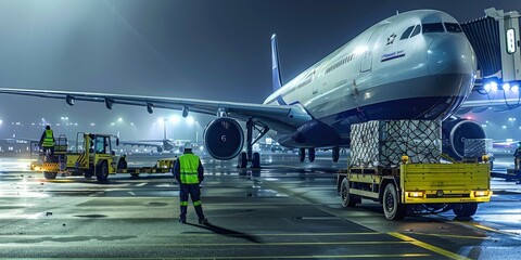 Workers Loading Freight onto an Aircraft, Showcasing the Essential Role of Logistics and Transportation in the Aviation Industry, Generative AI