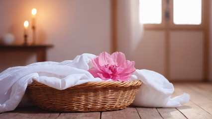 White organic cotton blanket with soft pink peony flower in a wicker basket on a wooden surface. Gentle spring or summer decoration on a blurred interior of the apartment background with empty space.