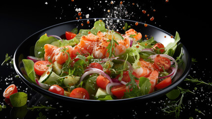 Seafood salad with shrimps, tomatoes, onion, greens, in dark bowl, black background