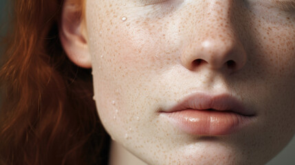 Fototapeta premium Detailed close up of young woman face with vibrant red hair and scattered freckles