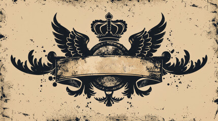 Vintage badge design with wings and crown in classic monochrome style