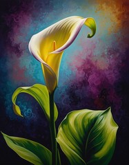 Close-up of beautiful yellow and white Calla Lily flower with colorful purple blue and orange abstract background
