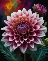 Close-up of a purple pink and white Chrysanthemum flower with a vibrant multi-colored background

