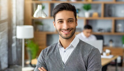Fototapeta premium attractive smiling male office worker posing in office and looking at camera