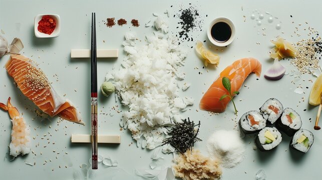 AI generated illustration of a sushi platter with an array of fresh and colorful ingredients