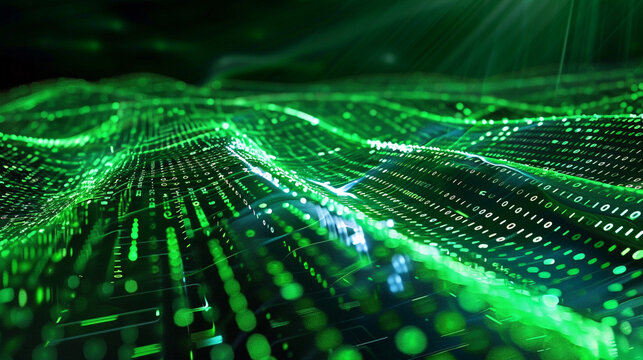 Digital tsunami, a massive wave of green matrix code overwhelming the dark - Powered by Adobe