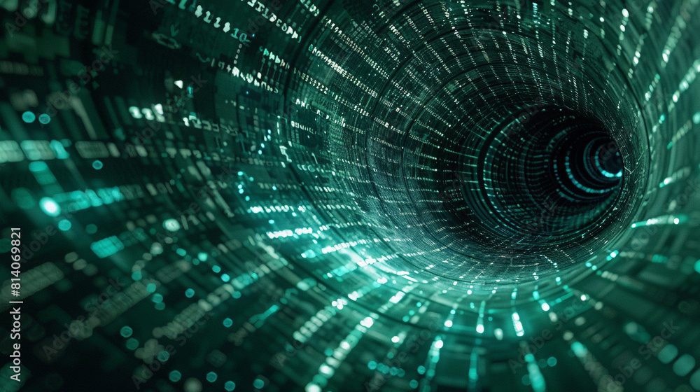 Poster digital vortex, a twisting funnel of matrix code plunging into darkness