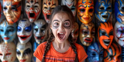 A girl screams in front of a wall of horror masks. Concept Horror Masks, Scream, Fear, Girl Portrait, Emotion
