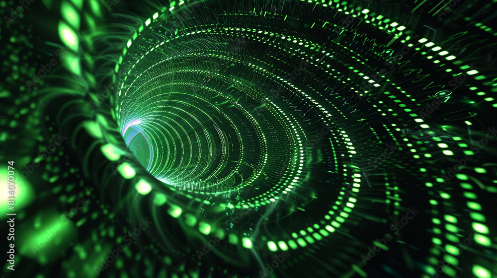 Poster digital vortex, swirling patterns of green and black matrix-style codes