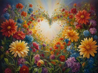 Huge field of flowers forming into a heart shape illuminated by glowing sunlight beautiful vibrant flower colors 