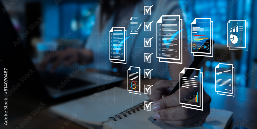 Aufkleber document management concept, check electronic documents on digital documents on virtual screen docum