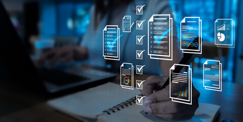 Document management concept, check electronic documents on digital documents on virtual screen...