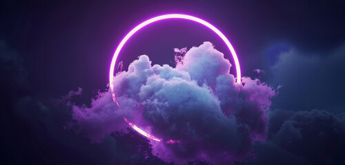 Violet neon ring in a circular frame around a cloud, dark 3D-rendered sky.