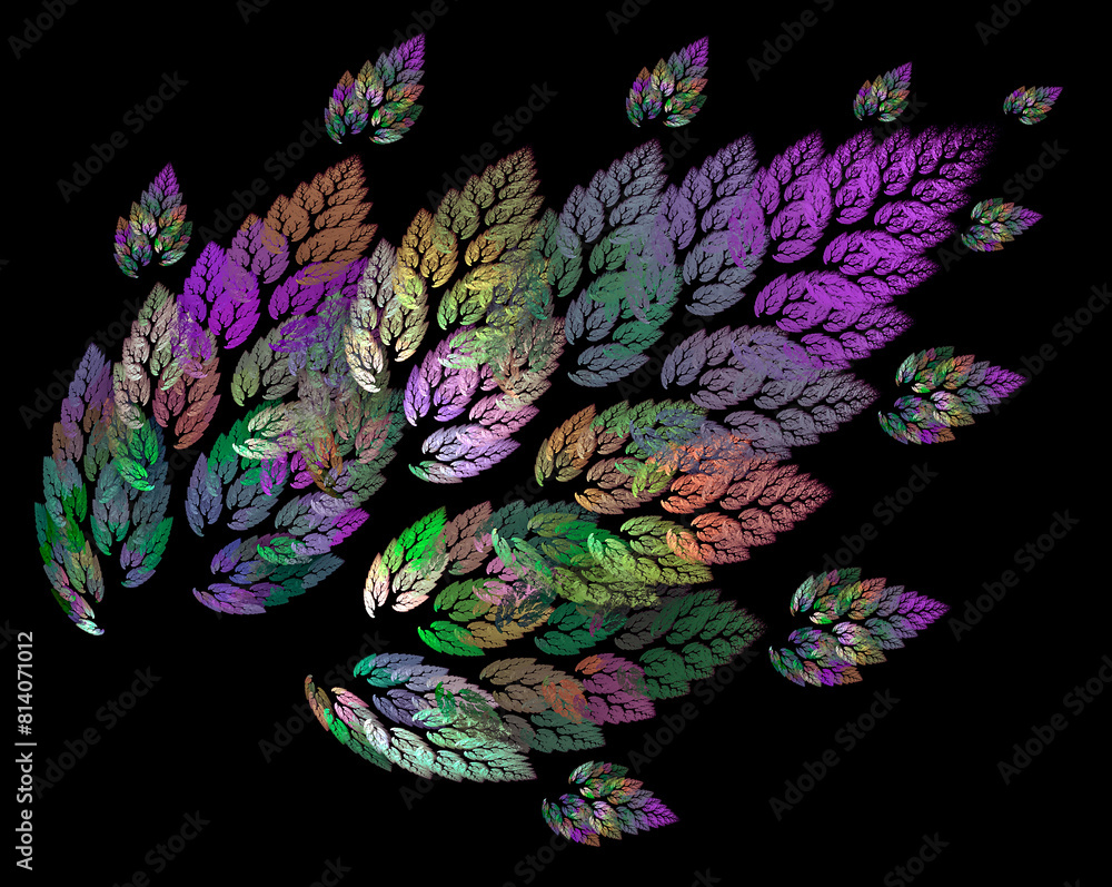 Poster colorful abstract illuminated twig on a black background with dense foliage and small branches on th