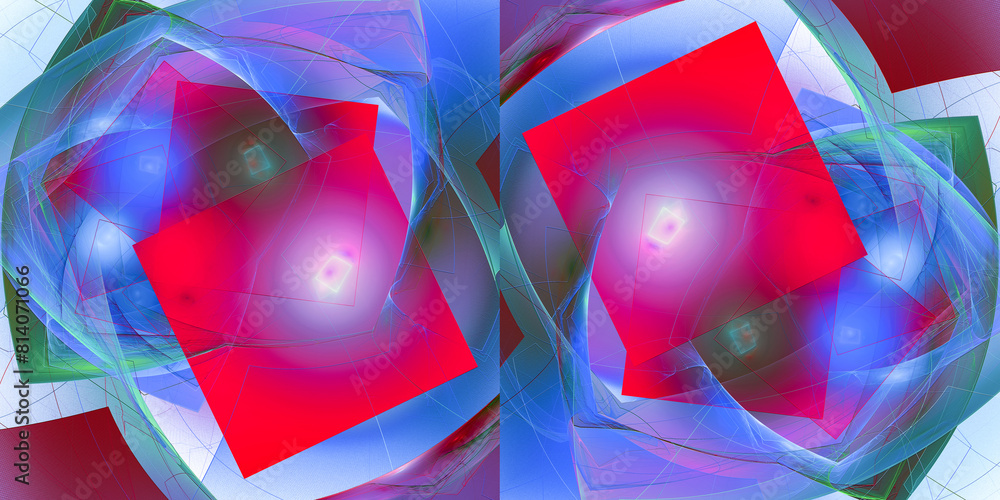 Poster festive geometric abstract illuminated background with squares and veil. 3d rendering. 3d illustrati