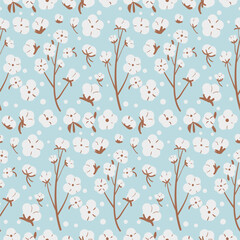 Organic cotton branch with flowers seamless pattern. Plant of cotton with ripe bolls endless background. Soft fabric symbols loop ornament tile. Vector hand drawn illustration