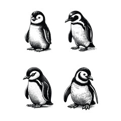 set of penguin illustration. hand drawn penguin black and white vector illustration. isolated white background