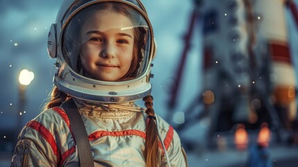 Smiling French Girl Dressed as Astronaut Posing with Rocketship Generative AI