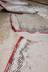 Using a spray bottle, the person is cleaning a rug on the floor