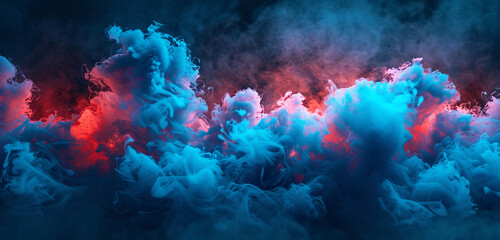 Engaging stage background with powder blue smoke and striking neon red effects.