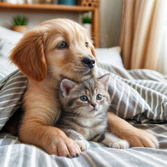 cute little kitty sitting on big golden dog hugging on the bed as a best friend with pillows in room,HD illustration created with generative ai.