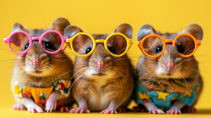A lively bunch of mice don funky, mismatched outfits in a creative animal concept. Isolated against a bright background, they bring a wacky and wild vibe to any occasion