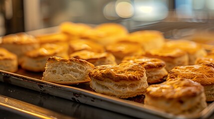 Capture the warmth and appeal of oven-fresh, buttery biscuits in a food photo.