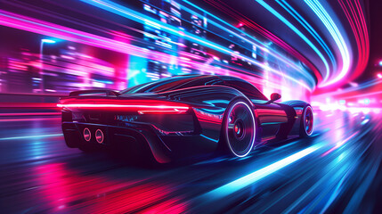 dynamic scene, a futuristic car speeds through a neon-lit cyber city backdrop