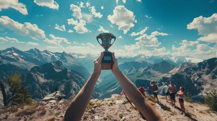 Celebratory Summit: Triumph with Trophy on Mountain Peak