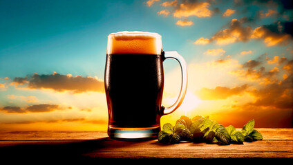 Glass of delicious beer at bar counter decorate for celebrate beer festival