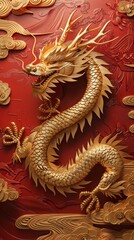 Golden Chinese Dragon on Red Background Generative AI