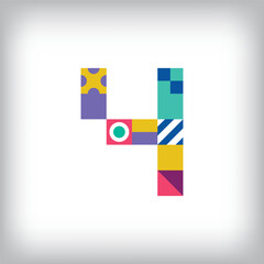 Creative number 4 logo with geometric shapes. Creative educational colorful graphics. Vector