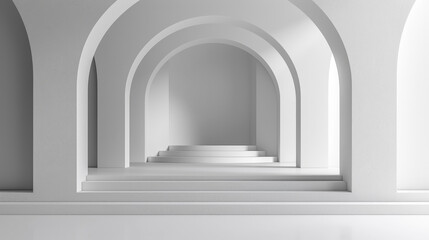 Fototapeta premium Minimalist white architectural design with curved arches and podiums