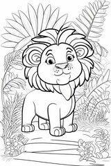 Playful Lion in Jungle Coloring Page Generative AI