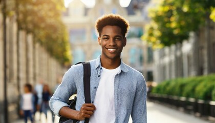 attractive smiling male student posing on city street and looking at camera