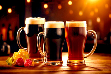 Glass of delicious beer at bar counter decorate for celebrate beer festival