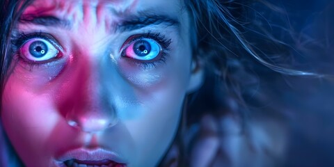 Closeup of a fearful woman with wide eyes and a worried expression. Concept Fearful Expression, Close-up Portrait, Wide Eyes, Worried Woman, Emotional Photography