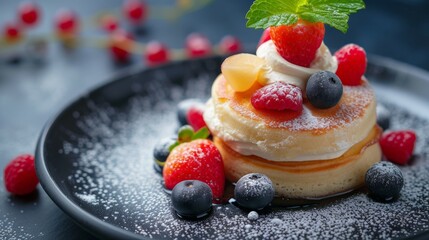 Close up image of pancakes with wild berries. Pancakes decorated with strawberries, raspberries and...