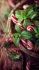 Fototapeta premium fresh peppermint leaves arranged in a wooden bowl, with ample space for accompanying text or messaging.