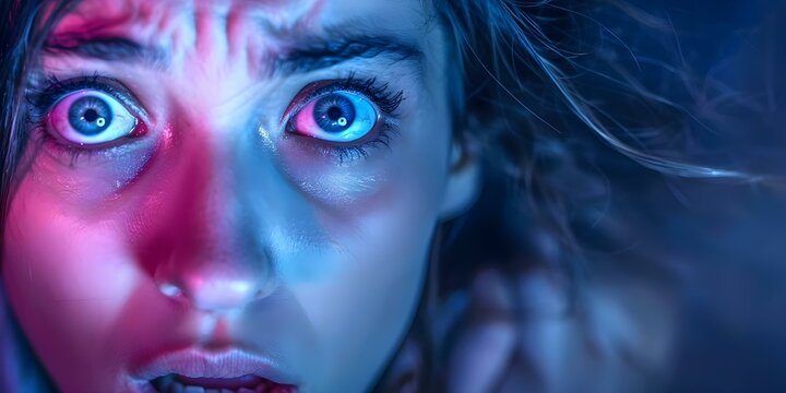 Closeup of a fearful woman with wide eyes and a worried expression. Concept Fearful Expression, Close-up Portrait, Wide Eyes, Worried Woman, Emotional Photography