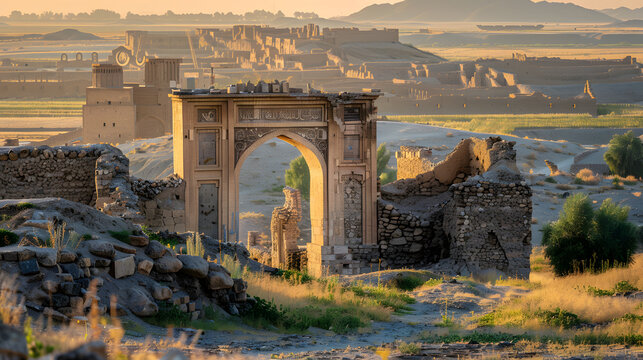 A photo of the ancient city of Balkh, with archaeological sites as the background, during a historic day