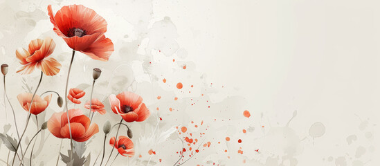 Elegant red poppy flowers vector background with splashes and botanical elements