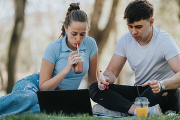 High school students or friends collaborate on homework with a laptop in an outdoor park city...