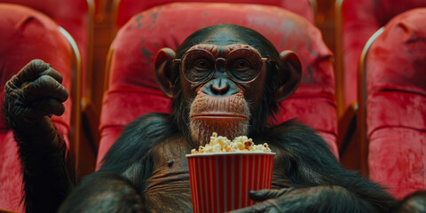 Monkey watching movie with popcorn sitting in armchair
