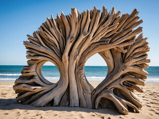 Sculpture made from driftwood on the beach of ocean.